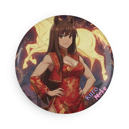 Aimant Rond Anime AKARI représentant un personnage féminin en robe traditionnelle avec un cheval en arrière-plan.