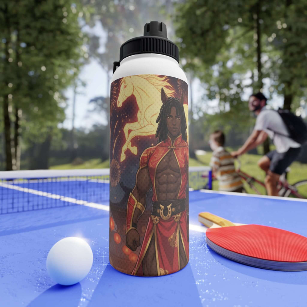 Bouteille isotherme sportive en acier inoxydable blanc 950ml avec artwork Ryo cheval de feu kemonomimi, double paroi thermique, bouchon sport, design original Kuro Neko Shop