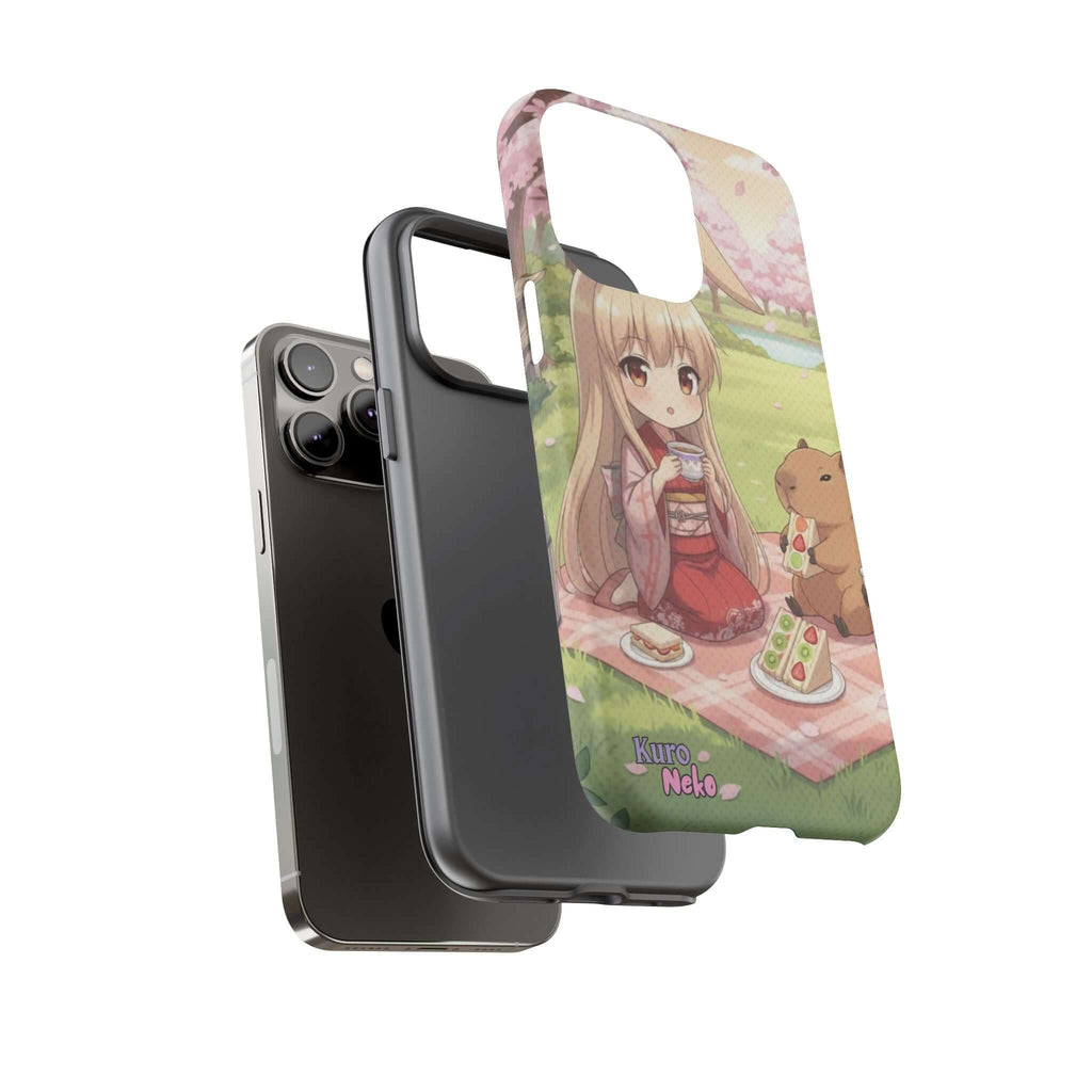 Coque de Téléphone Anime HARU Muse Chibi Pique-nique mettant en avant un personnage adorable avec des oreilles d'animaux, Kuro Neko Shop.