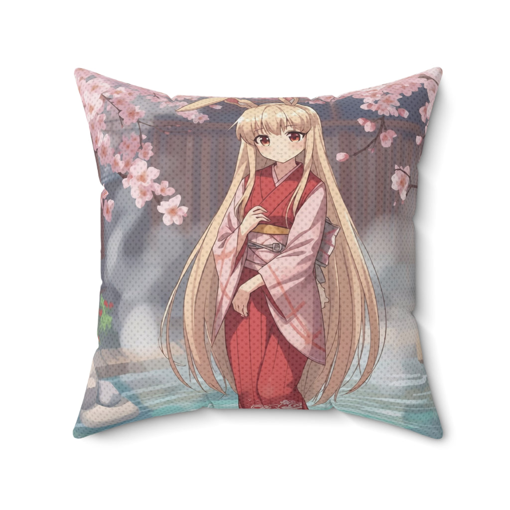 Coussin Carré Anime HARU avec design de lapine kemonomimi sous les cerisiers en fleurs.