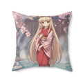 Coussin Carré Anime HARU avec design de lapine kemonomimi sous les cerisiers en fleurs.