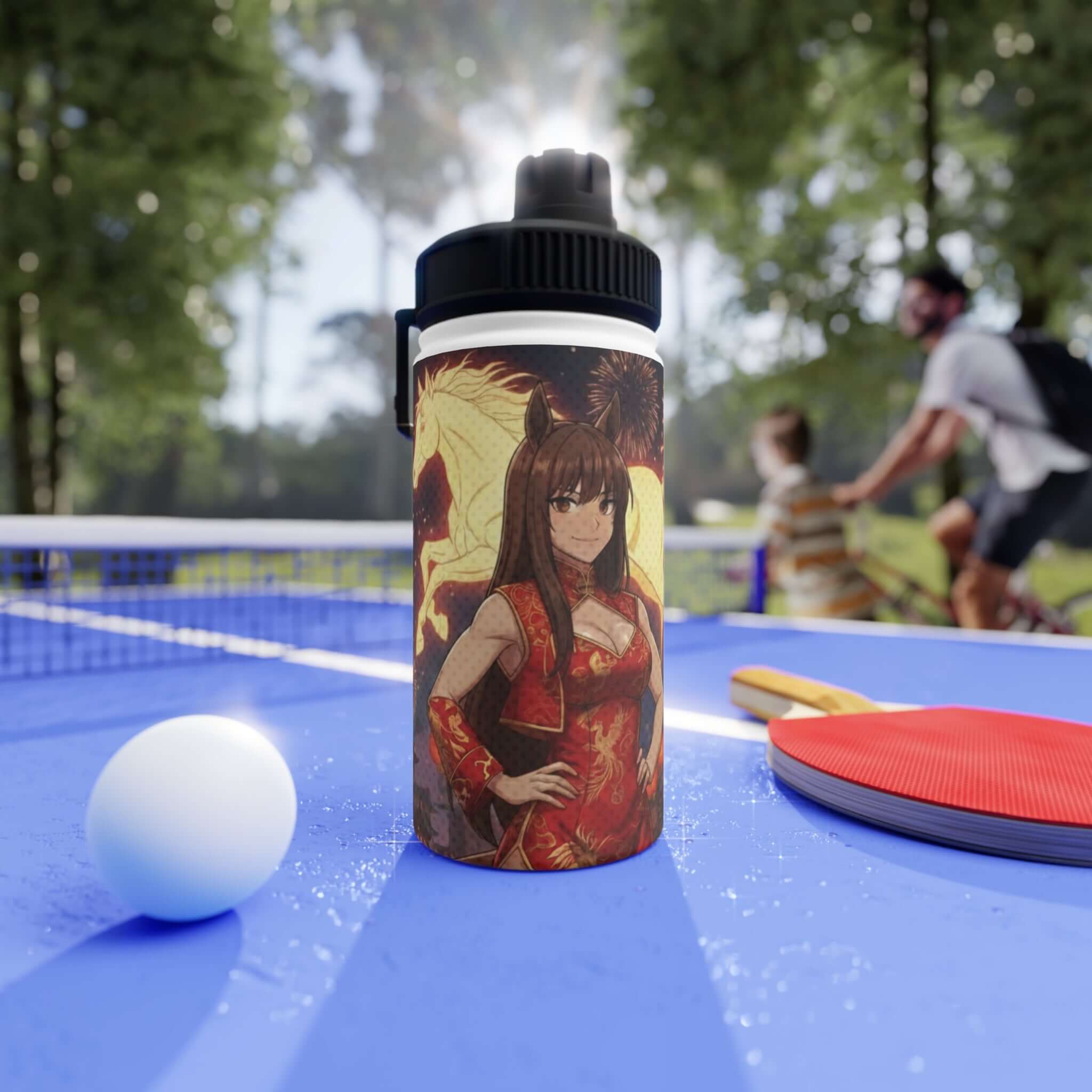 Gourde Isotherme Anime AKARI en acier inoxydable blanc 350ml avec design Akari cheval de feu, waifu kemonomimi célébrant l'Année du Cheval 2026 du zodiaque chinois, double paroi thermique, bouchon sport à visser, sans BPA