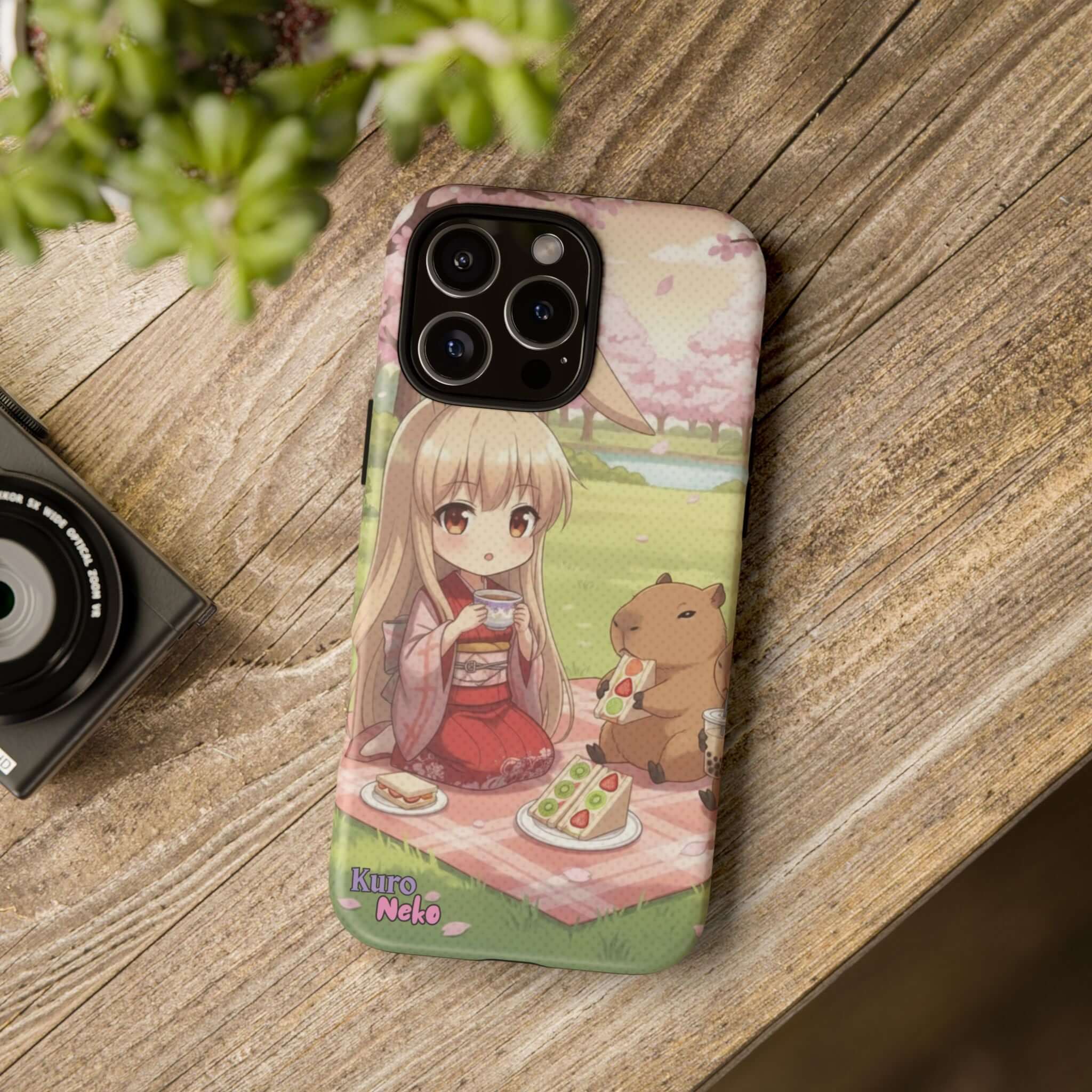 Coque de Téléphone Anime HARU Muse Chibi Pique-nique avec un personnage kemonomimi, oreilles d'animaux et capybara, Kuro Neko Shop.