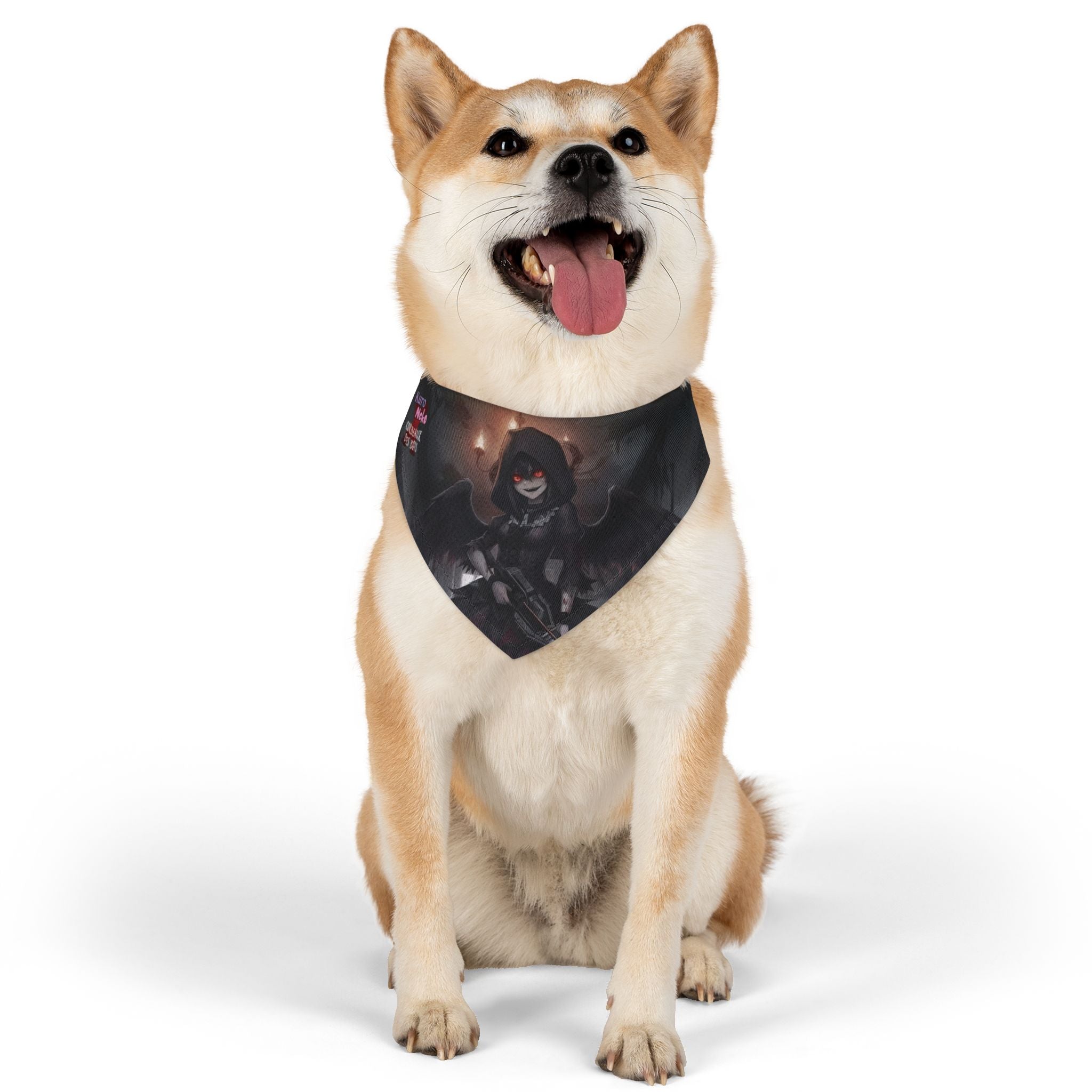 Collier bandana chat & chien Anime YORU sur un chien joyeux, affichant un design inspiré d'Anime.