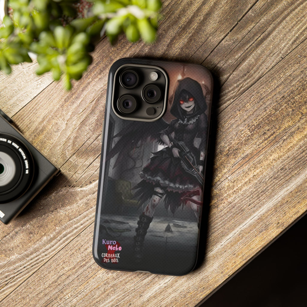 Anime Phone Case – Mad as Yoru Crow Waifu Kemonomimi featuring Yoru with a demonic crossbow and haunting atmosphere.