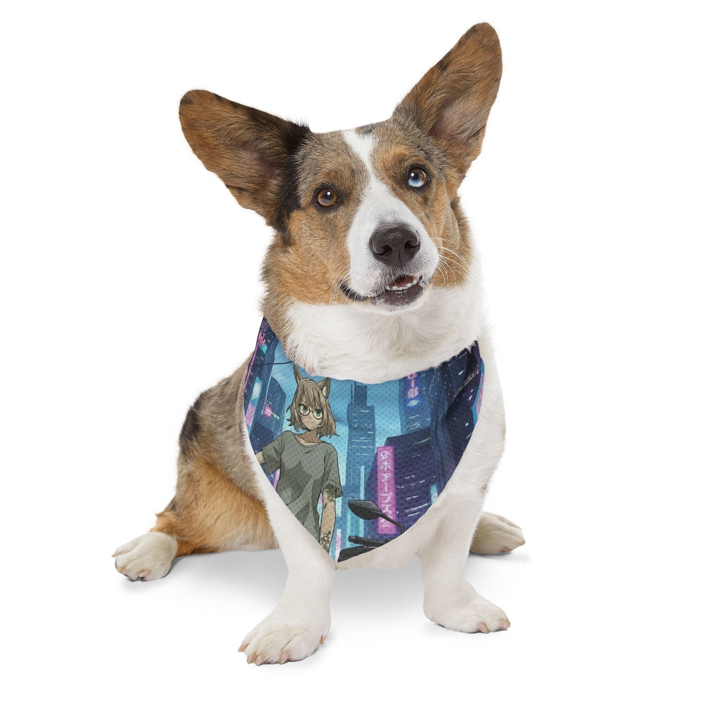Un chien corgi portant un collier bandana avec un design cyberpunk, mettant en avant HANKO Chatte, Kuro Neko Shop.