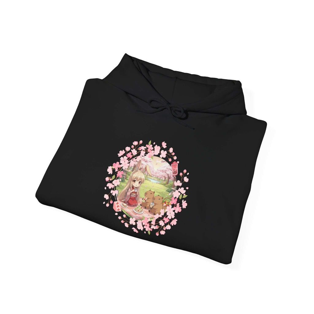 Sweat à capuche Anime HARU Muse Chibi Pique-nique Sakura avec personnage kemonomimi, oreilles d'animaux, et capybaras, Kuro Neko Shop