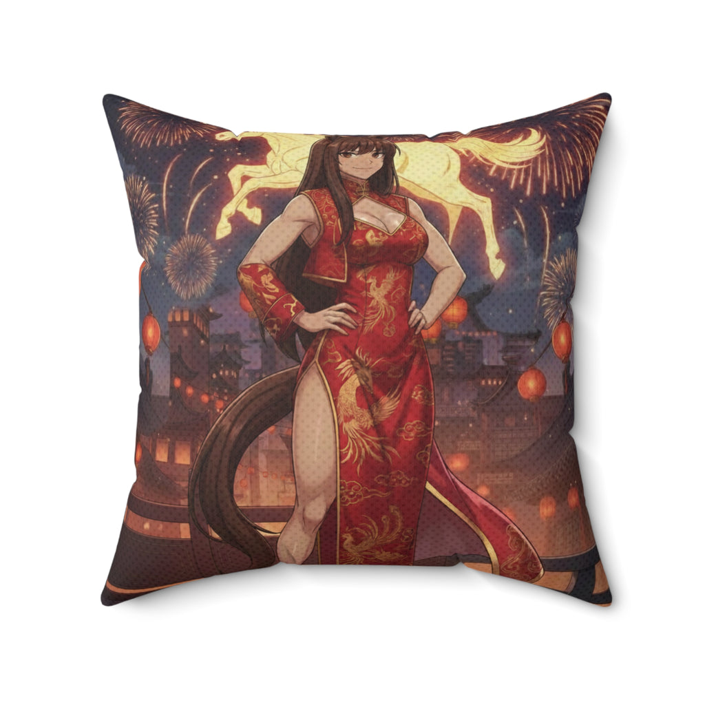Coussin Carré Anime AKARI avec Akari en robe rouge devant un fond festif, représentant la danse du zodiaque.