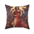Coussin Carré Anime AKARI avec Akari en robe rouge devant un fond festif, représentant la danse du zodiaque.