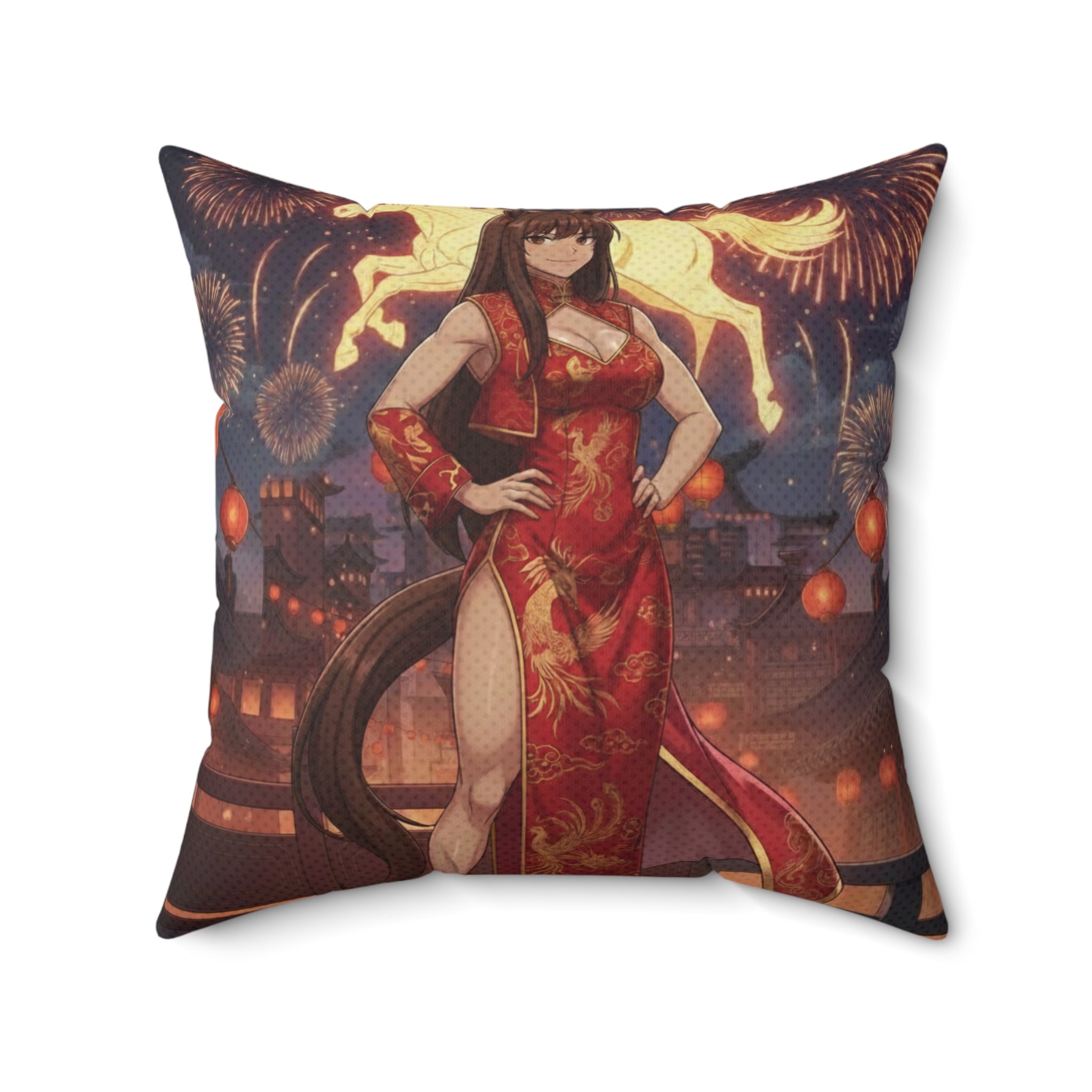Coussin Carré Anime AKARI avec Akari en robe rouge devant un fond festif, représentant la danse du zodiaque.