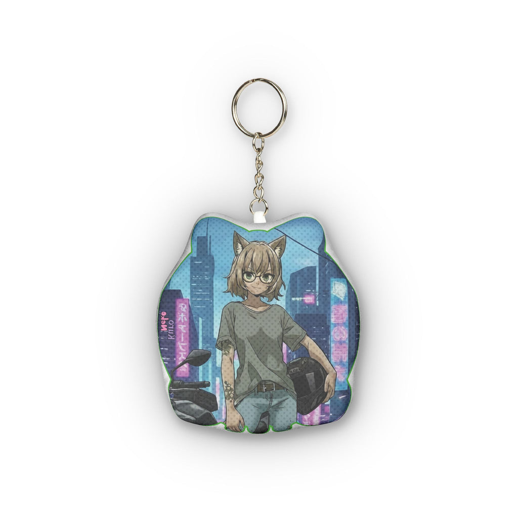 Porte-clés Peluche Anime HANKO avec une chatte kemonomimi dans un décor cyberpunk, idéal pour vos clés et sacs.