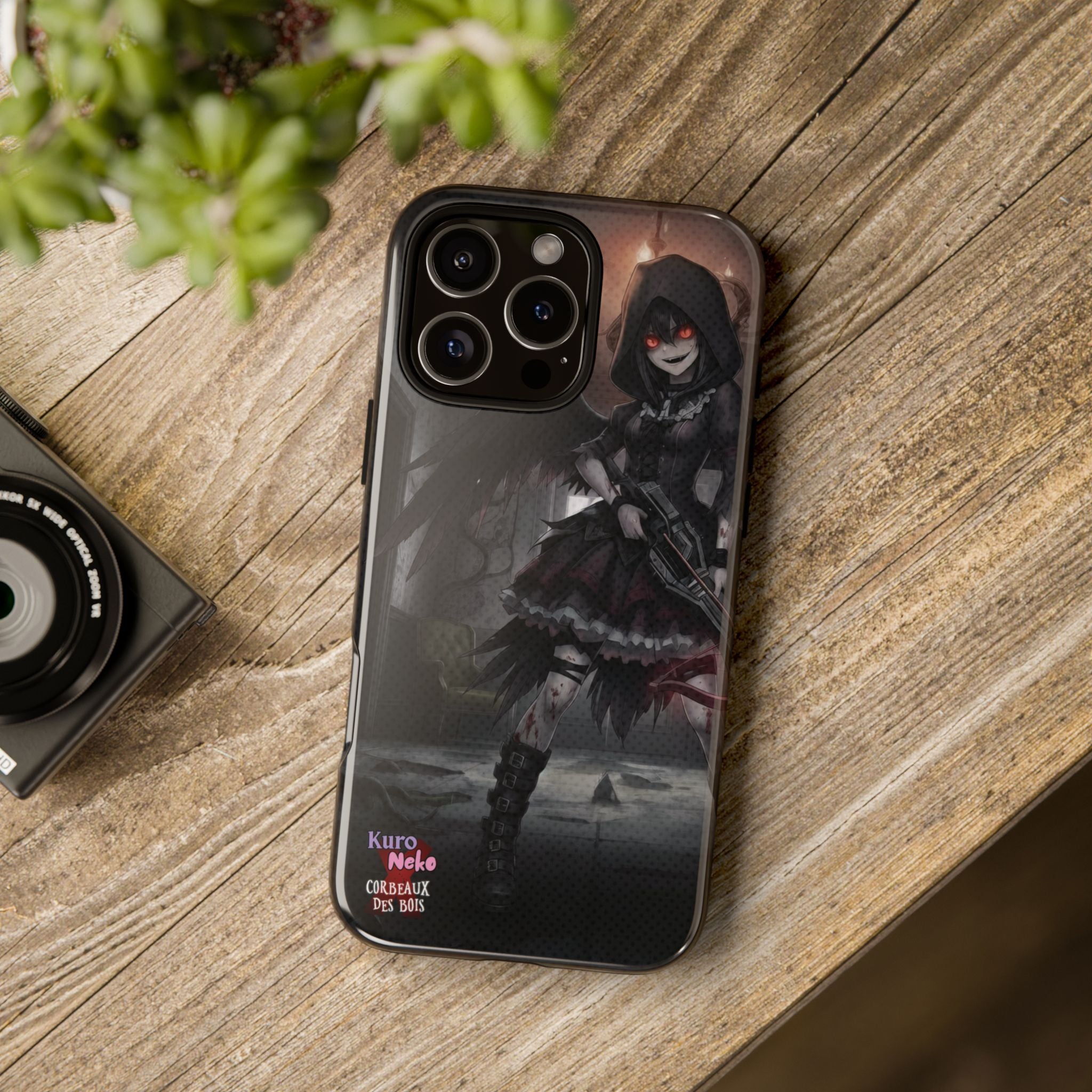 Anime Phone Case – Mad as Yoru Crow Waifu Kemonomimi featuring a dark gothic design with a character holding a weapon.