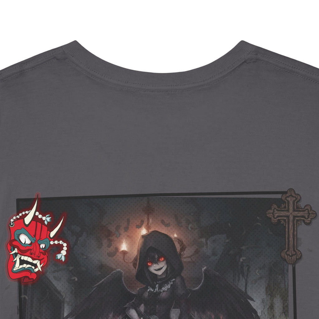 T-shirt Anime YORU avec design de chasseuse de démons, illustration gothique et éléments fantasmagoriques.