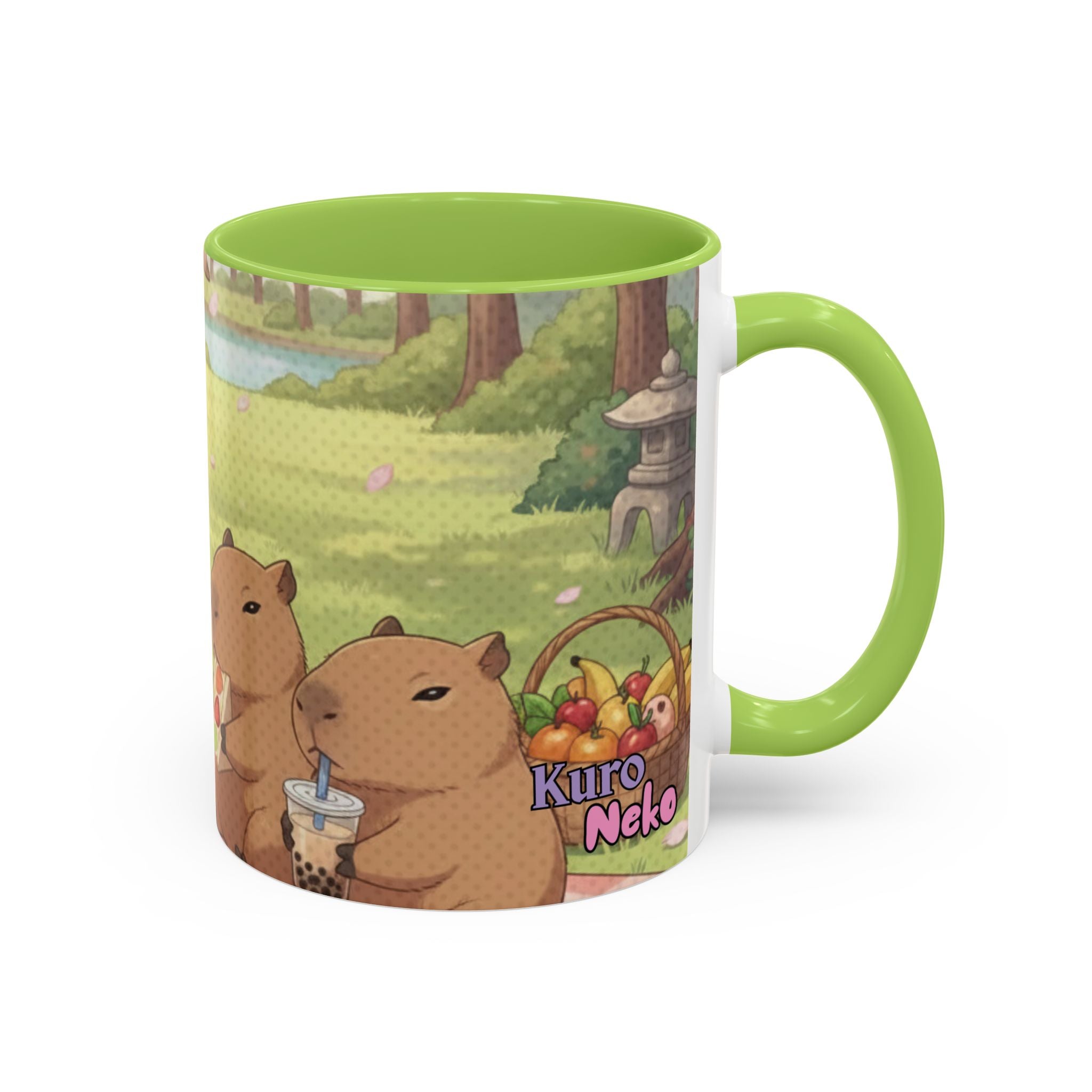 Mug Anime HARU Muse Chibi Pique-nique Sakura avec capybaras et bubble tea, style anime, Kuro Neko Shop.