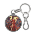 Porte-clés Anime AKARI avec une femme en kimono rouge, décoré de motifs zodiacaux et lumineux.