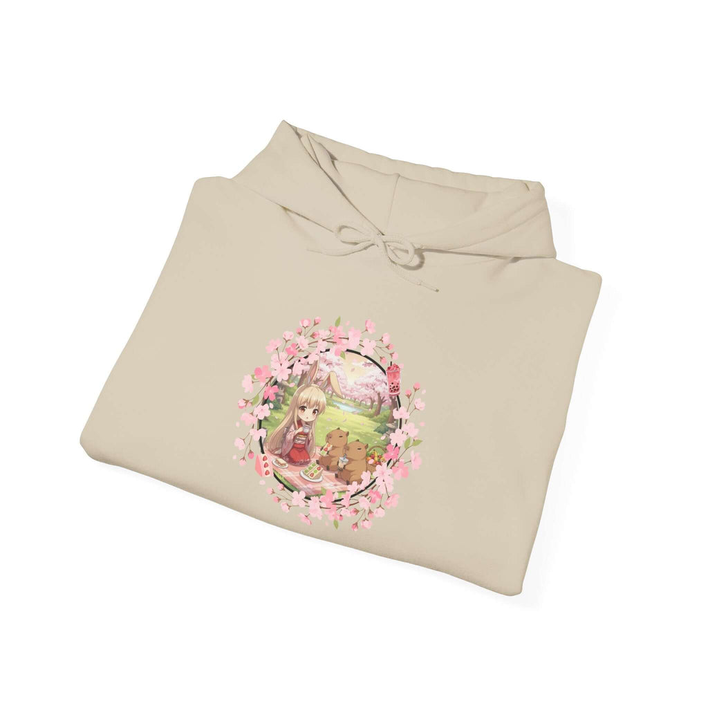 Sweat à capuche Anime HARU Muse Chibi Pique-nique Sakura avec design kemonomimi et pétales de sakura, Kuro Neko Shop.