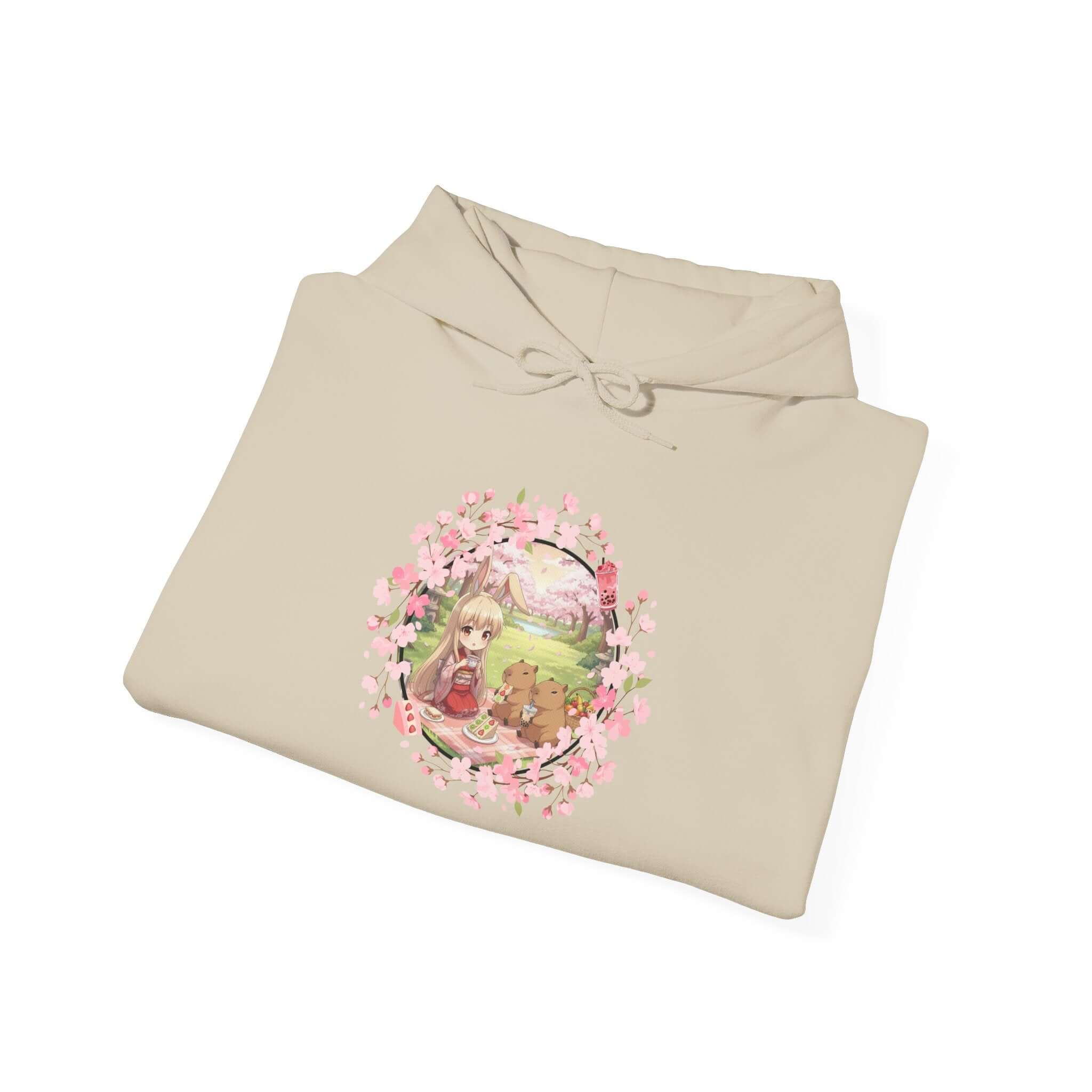 Sweat à capuche Anime HARU Muse Chibi Pique-nique Sakura avec design kemonomimi et pétales de sakura, Kuro Neko Shop.