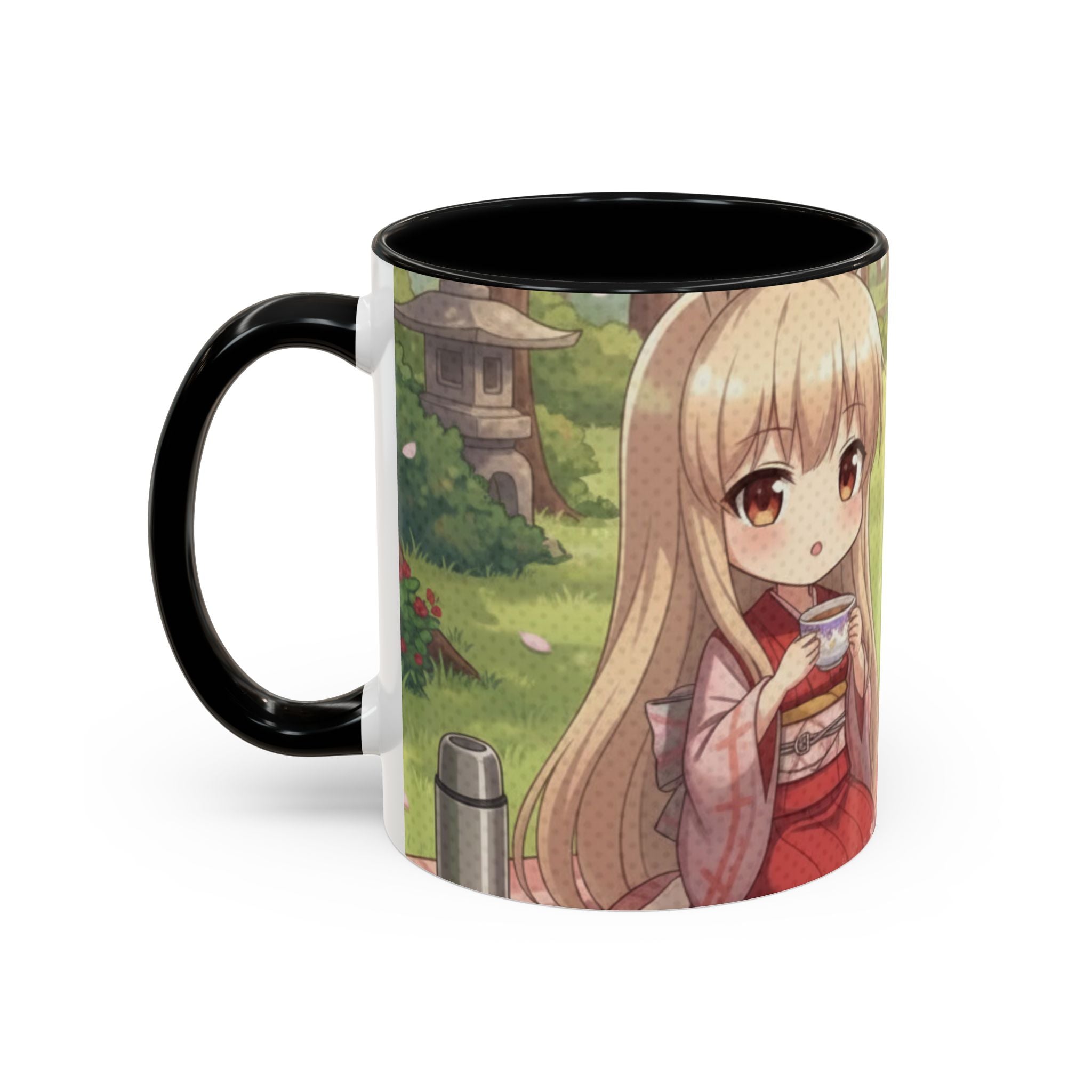 Mug Anime HARU Muse Chibi Pique-nique Sakura, fille en kimono tenant une tasse, oreilles d'animaux, style anime, Kuro Neko Shop.