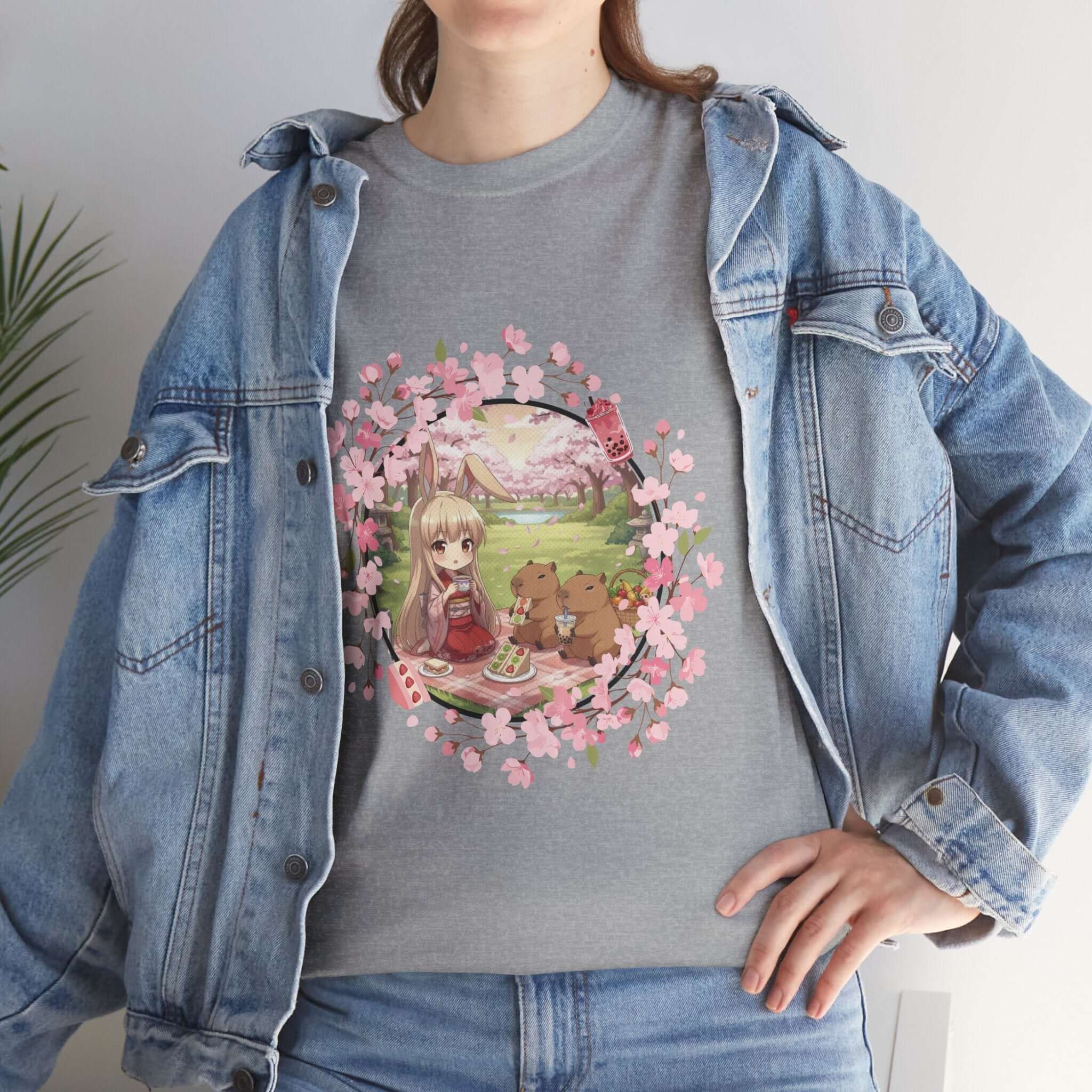 T-shirt Anime HARU Muse Chibi Pique-nique Sakura avec personnage kemonomimi et capybaras, Kuro Neko Shop.