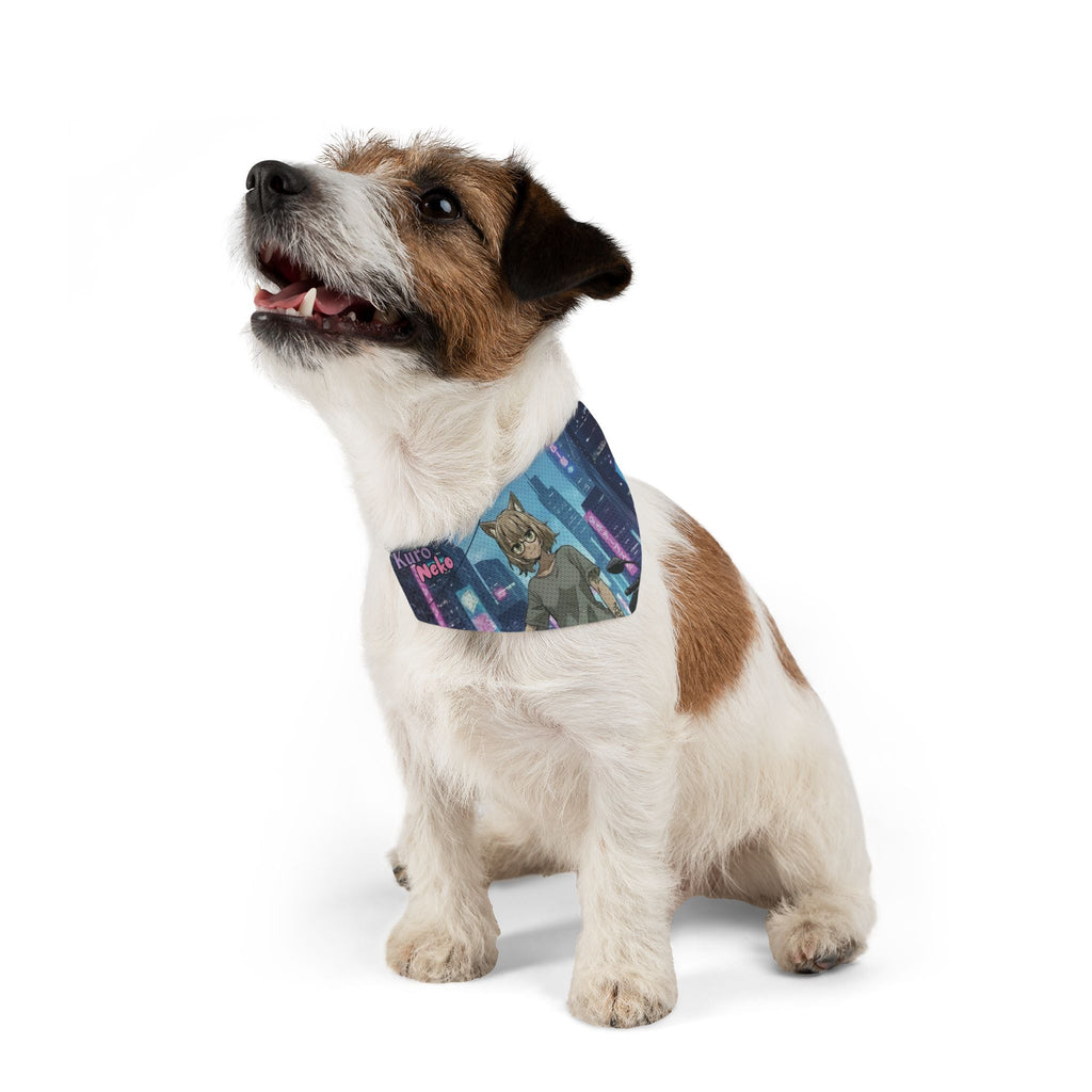 Collier bandana chat & chien HANKO Chatte Cyberpunk & Style Néon sur un chien joyeux avec un design vibrant, Kuro Neko Shop.