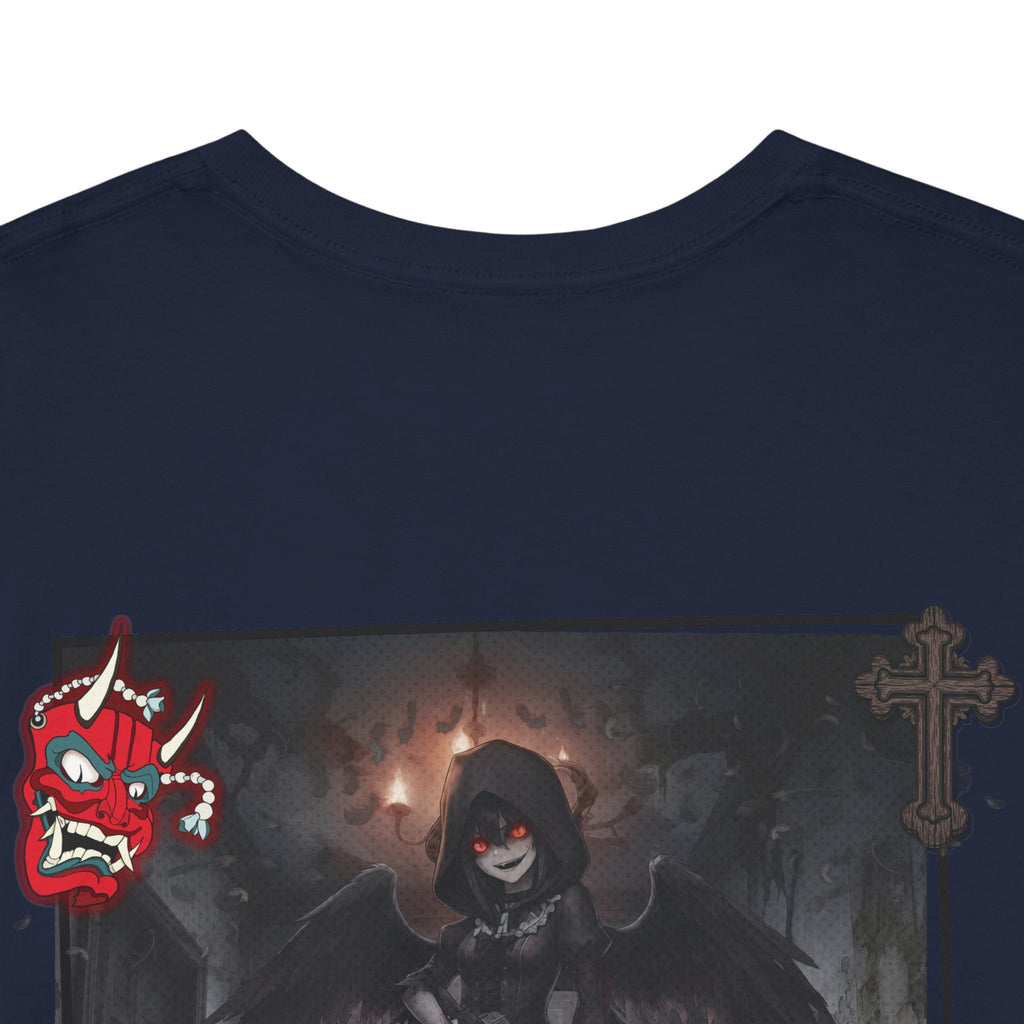 T-shirt Anime YORU avec design sombre, personnage kemonomimi, croix et masque de démon.