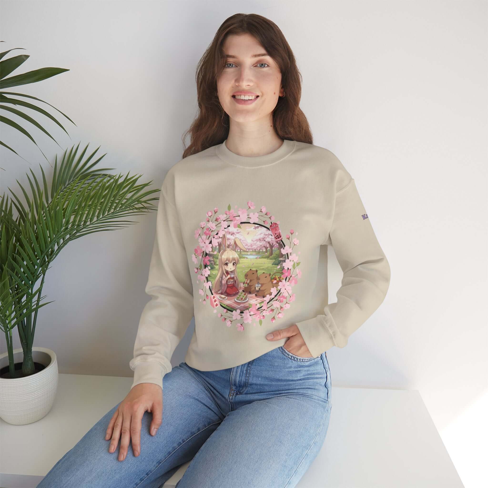 Sweatshirt Anime HARU Muse Chibi Pique-nique Sakura avec motif de pique-nique, oreilles d'animaux, style anime, Kuro Neko Shop.