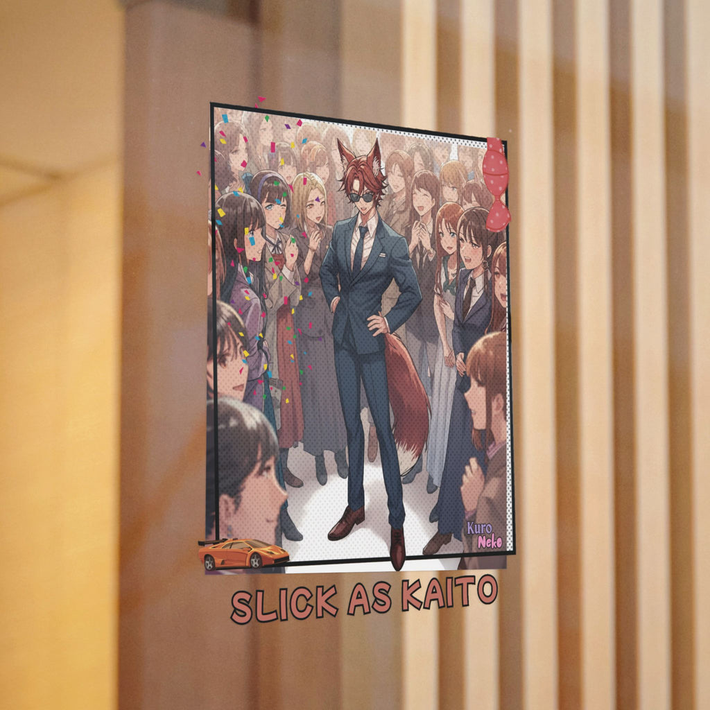 Sticker Die-Cut Anime KAITO avec un renard en costume au milieu d'une foule, affichant un style professionnel.