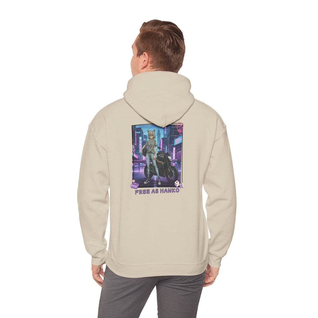 Hoodie beige avec impression anime Waifu HANKO Cat Girl tenue biker avec moto fond ville futuriste cyberpunk