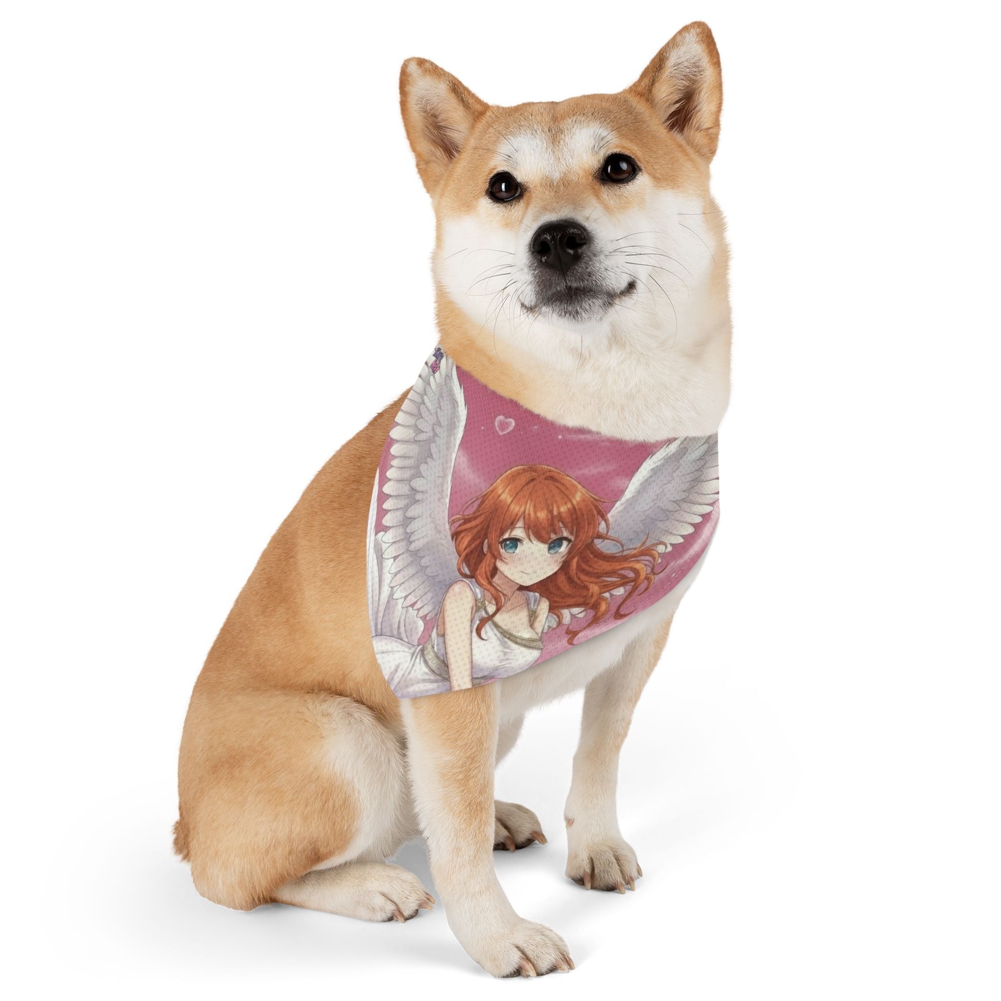 Collier bandana chat & chien Anime AIKO porté par un chien, représenté avec un personnage d'anime et des ailes. Douceur romantique.