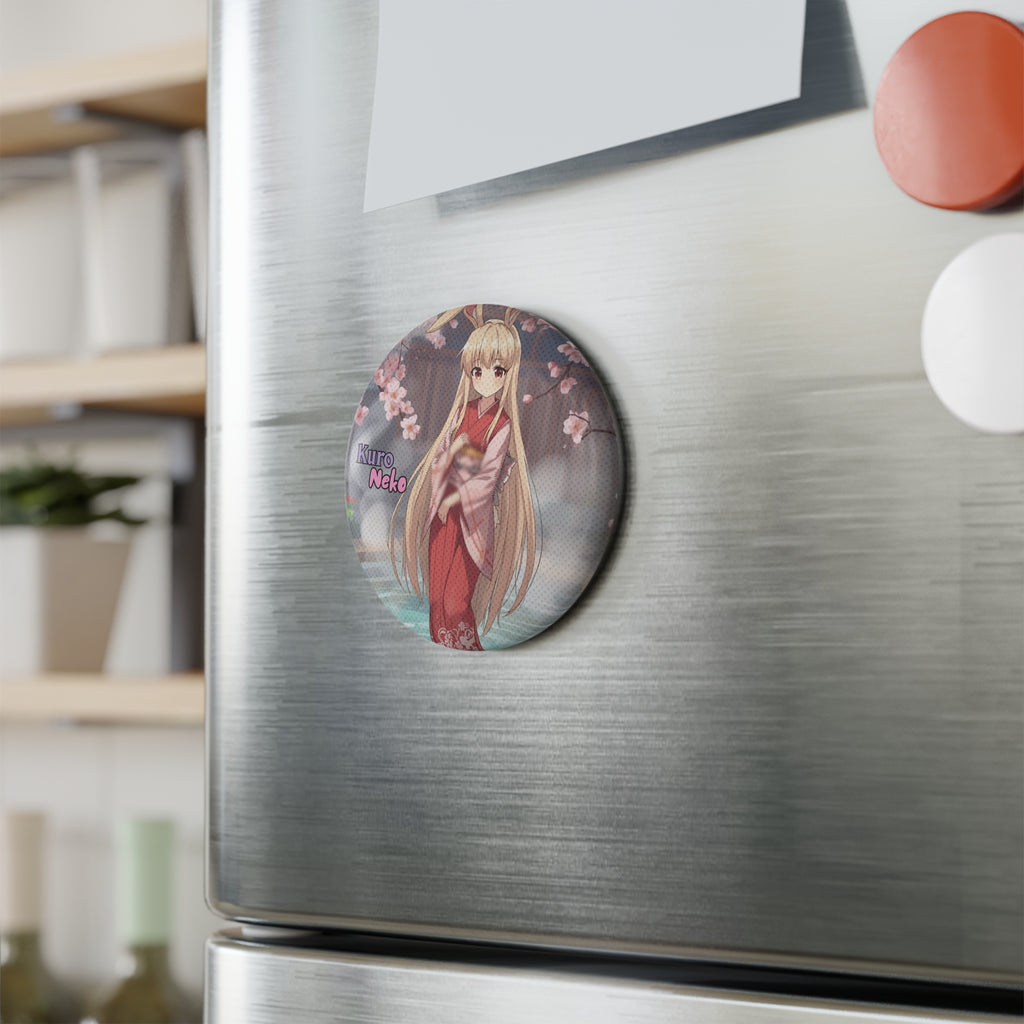 Magnet Rond Anime HARU sur un réfrigérateur, mettant en avant une muse lapine kemonomimi sous les cerisiers.