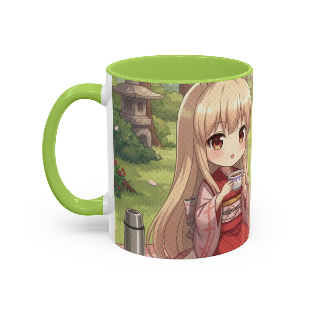 Mug Anime HARU Muse Chibi Pique-nique Sakura avec personnage kemonomimi aux yeux marron, en tenue traditionnelle. Kuro Neko Shop.