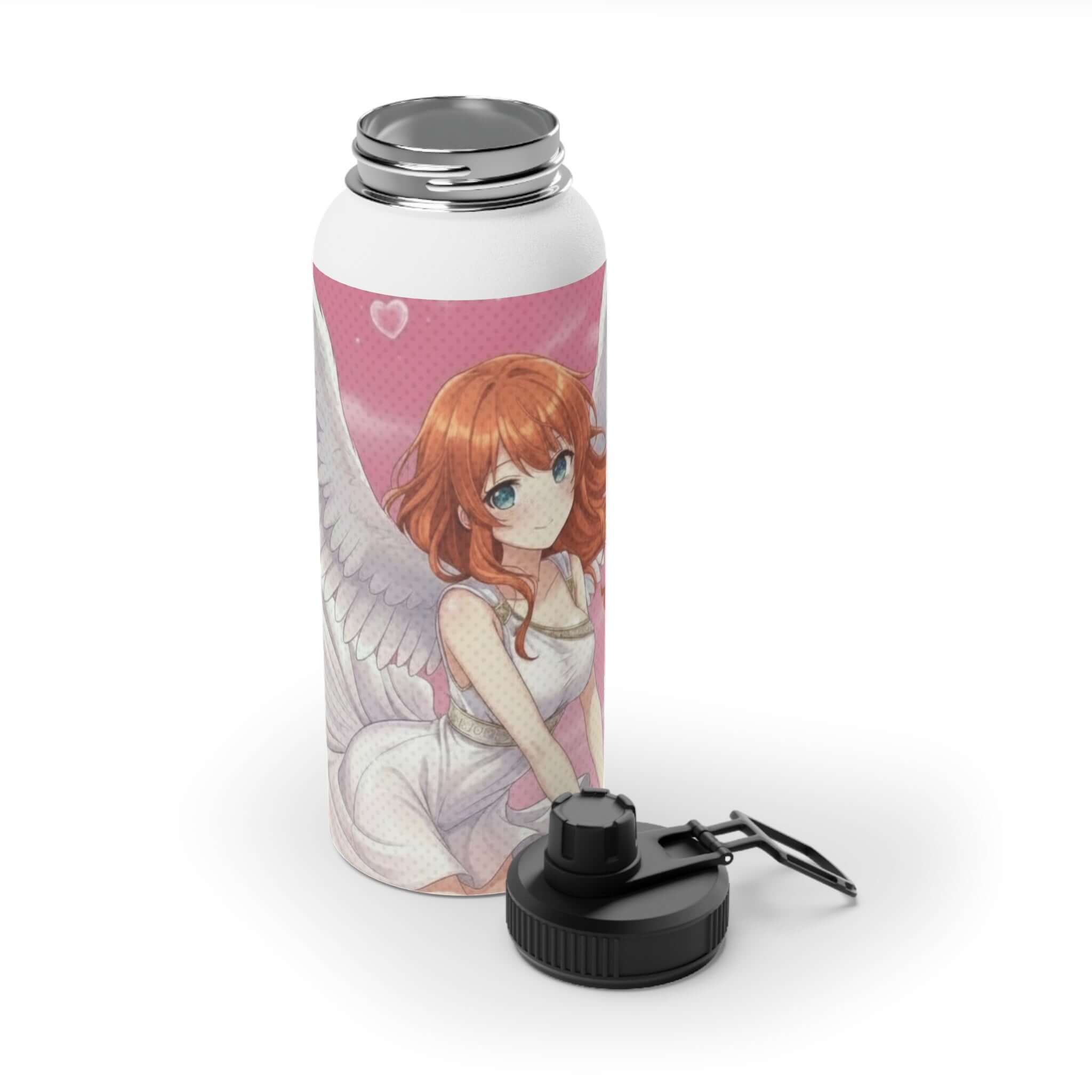 Bouteille isotherme sportive acier inoxydable blanc 950ml avec artwork Aiko cygne angélique, waifu kemonomimi romantique, double paroi thermique, bouchon sport, design original Kuro Neko Shop