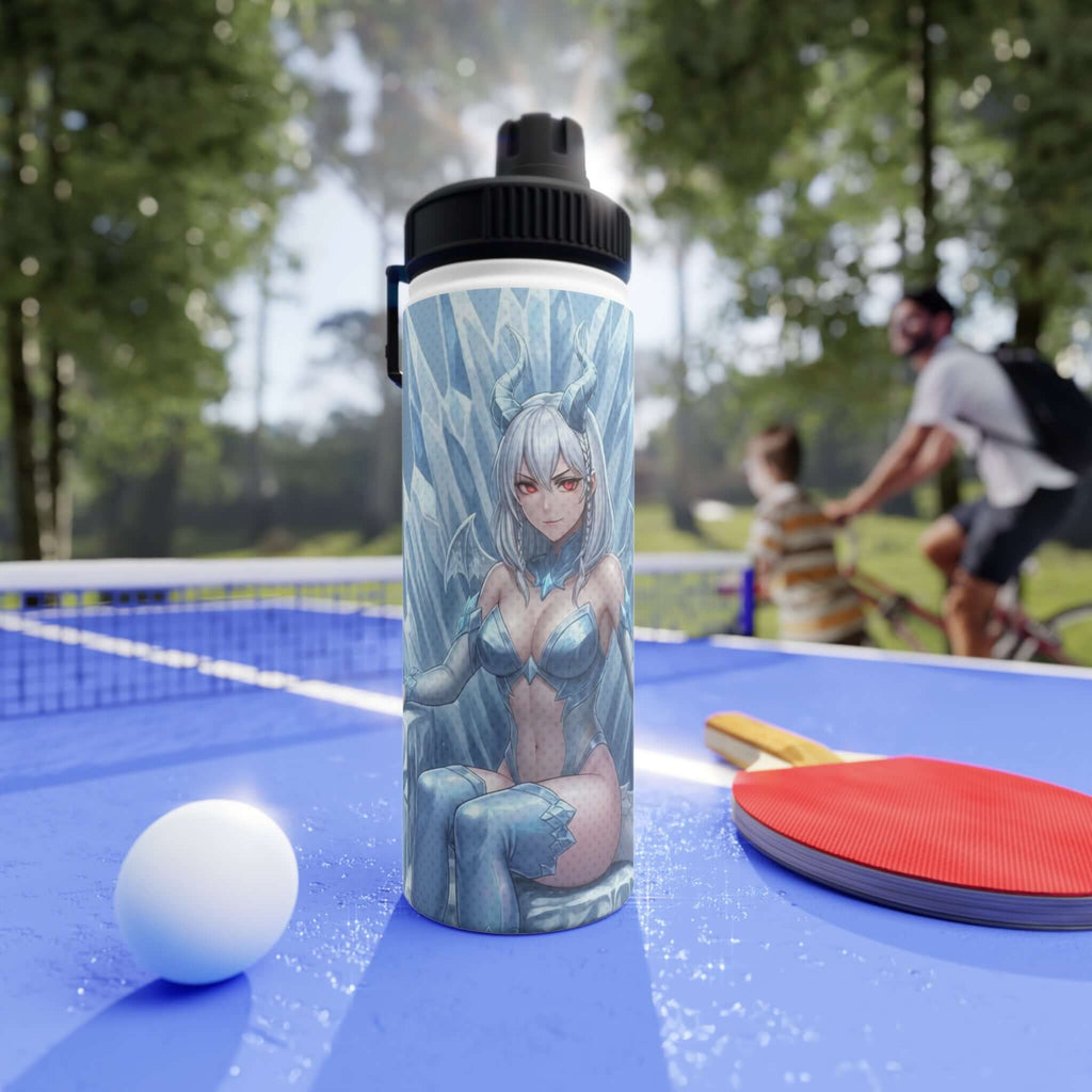 Gourde isotherme inox blanche 530ml avec illustration Yuki waifu dragon des neiges éthérée, kemonomimi anime hiver, construction double paroi, acier inoxydable premium, force tranquille