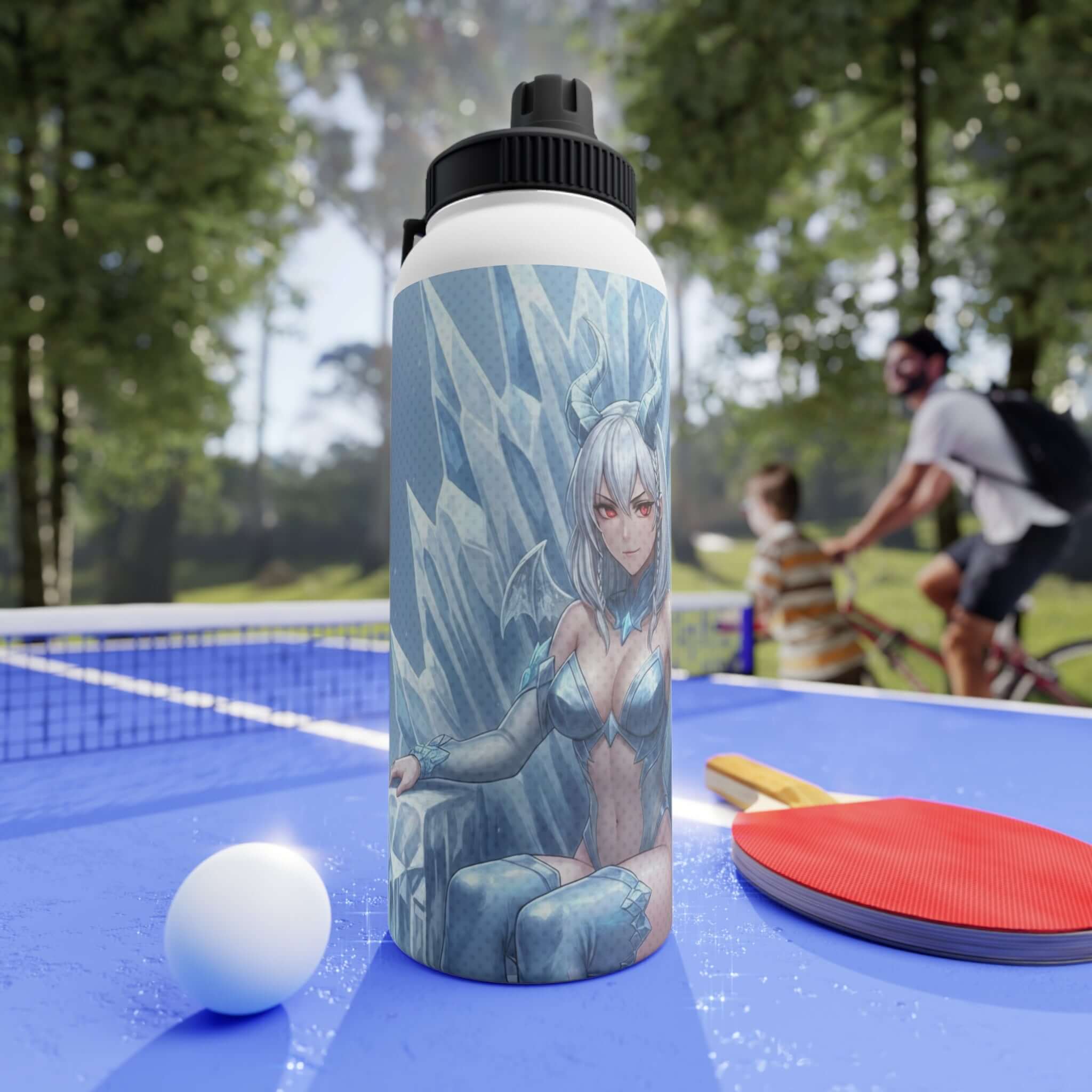 Bouteille isotherme sportive acier inoxydable blanc 950ml avec artwork Yuki dragon des neiges, waifu kemonomimi hiver givré, double paroi thermique, bouchon sport, design original Kuro Neko Shop