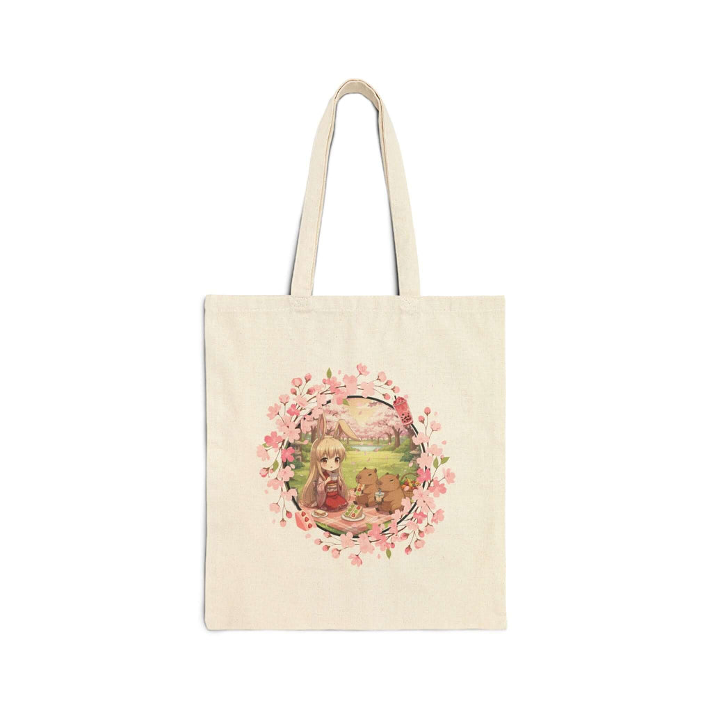 Tote bag Anime HARU Chibi avec illustration de muse lapin et cerisiers en fleurs.