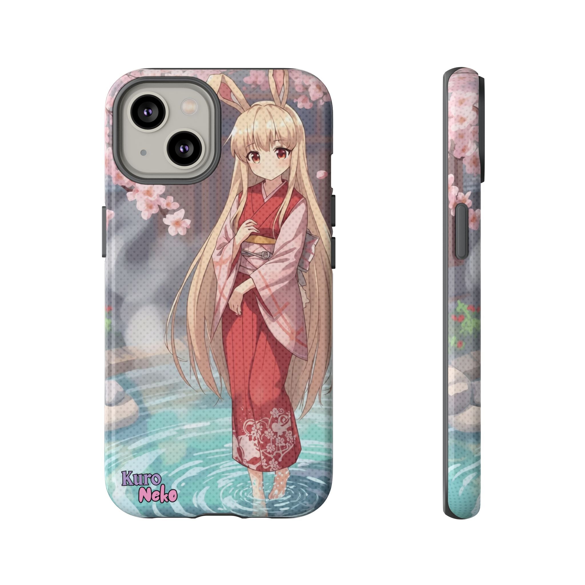 coque téléphone anime Haru - protection & style Onsen kawaii, Haru lapine kemonomimi dans un cadre sakura près d’un onsen