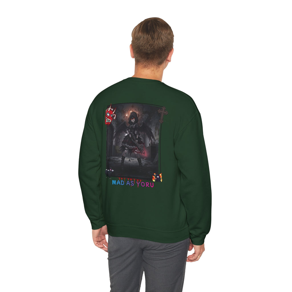 Sweatshirt Anime YORU avec design de muse en chasseur de démons sur fond vert.