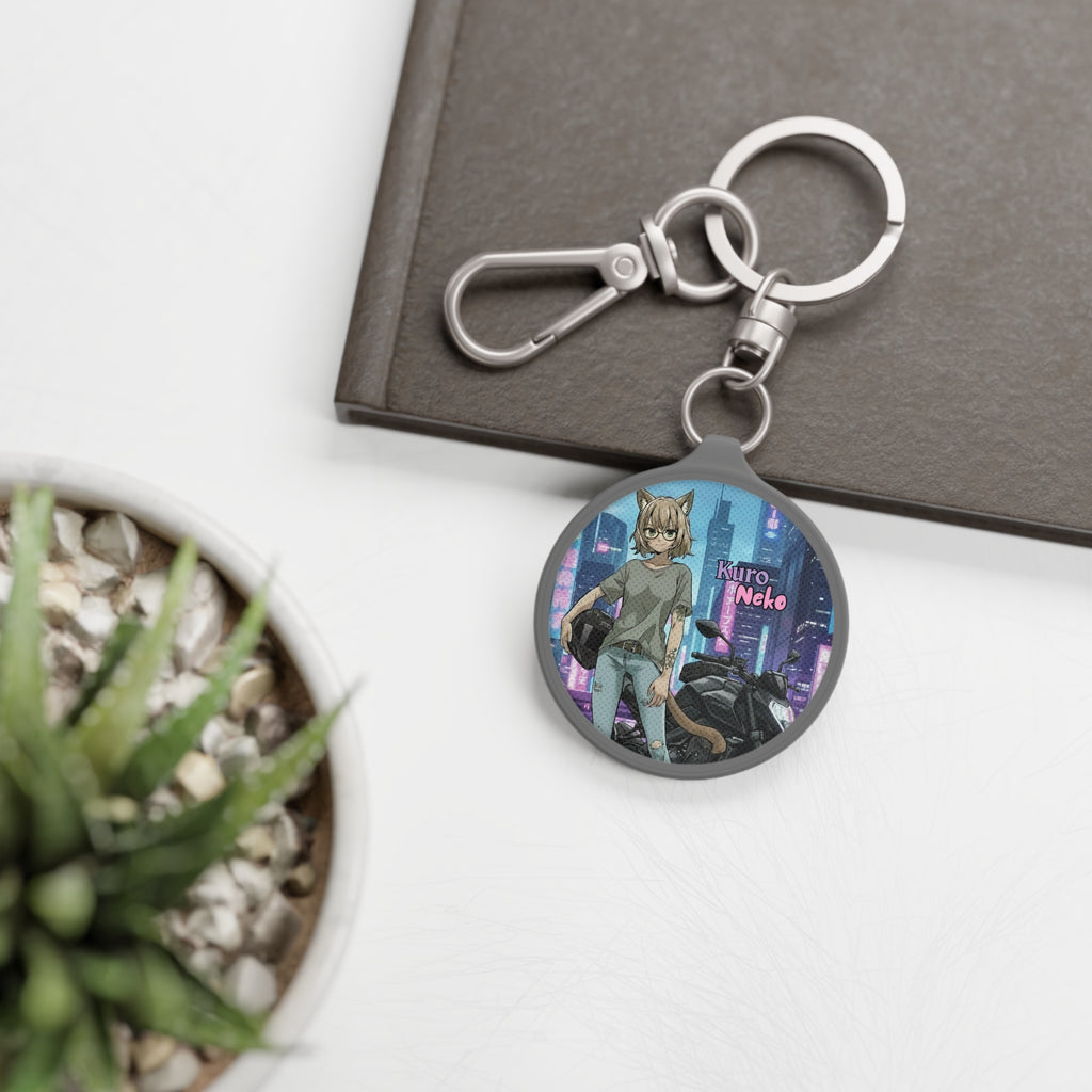 Porte-clés Anime HANKO représentant une chatte rebelle dans un décor cyberpunk, pleine d'énergie et de style.