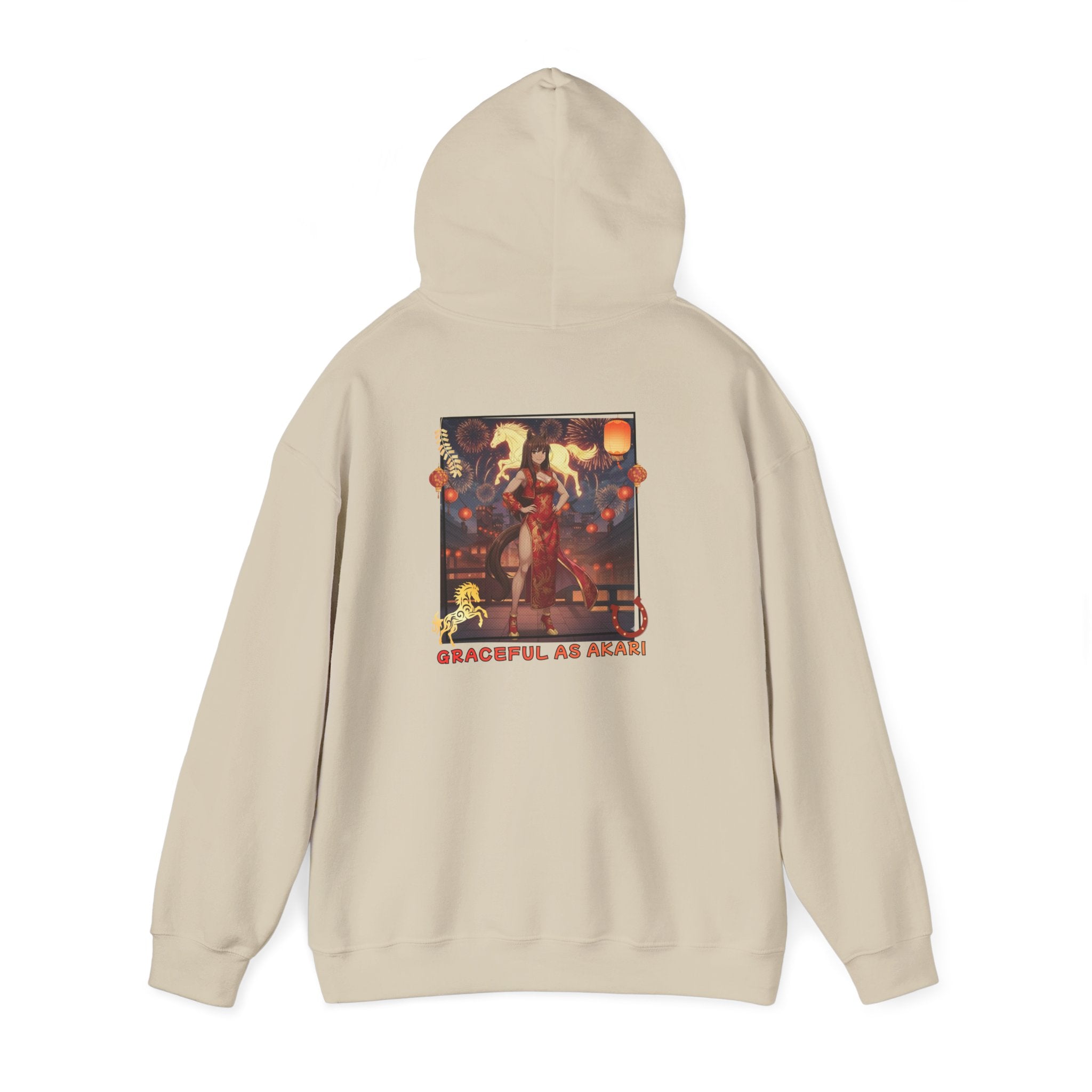 Sweat à capuche Anime AKARI avec design élégant et inscription "Graceful as Akari" au dos.