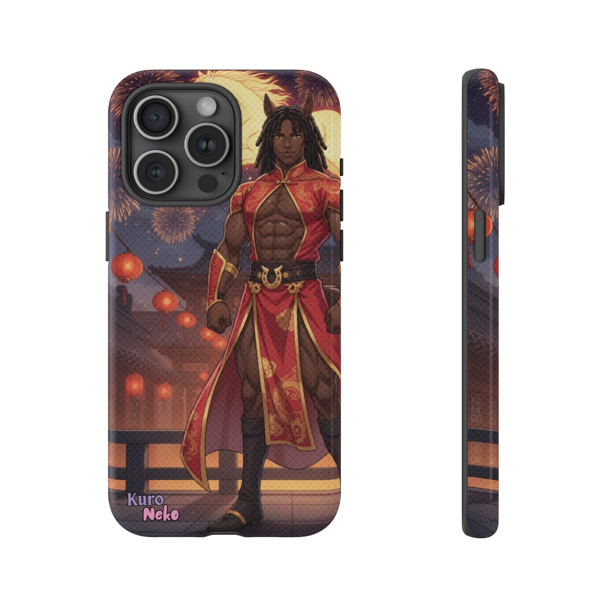 Coque téléphone Anime RYO avec design artistique représentant un guerrier en tenue traditionnelle devant un feu d'artifice.