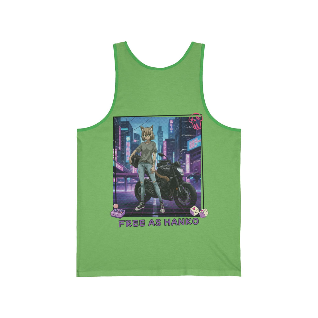 Débardeur Anime HANKO avec un design cyberpunk d'un chat sur une moto, en vert.