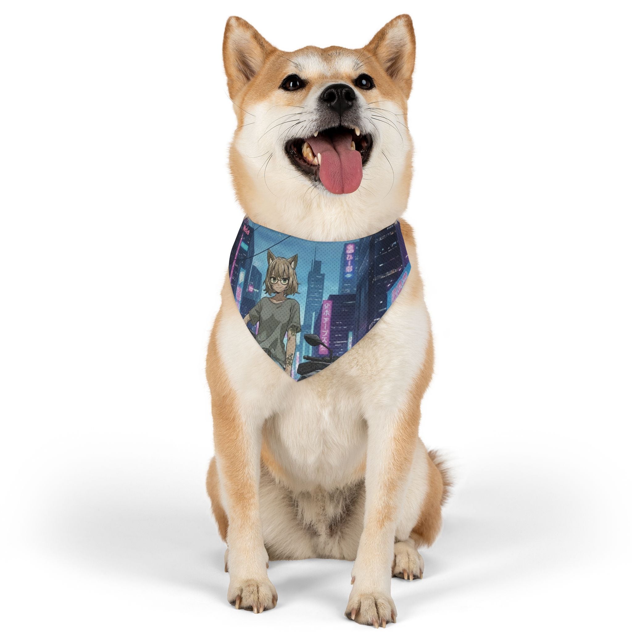 Collier bandana chat & chien HANKO Chatte Cyberpunk & Style Néon sur un chien avec oreilles d'animaux, Kuro Neko Shop.