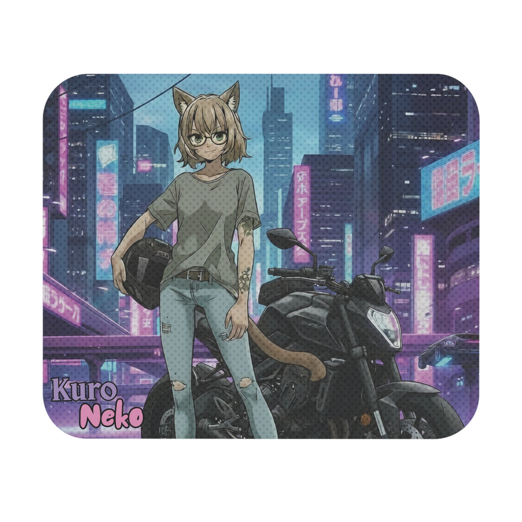 Tapis de souris Anime HANKO avec Kuro Neko dans une ambiance cyberpunk sur moto.