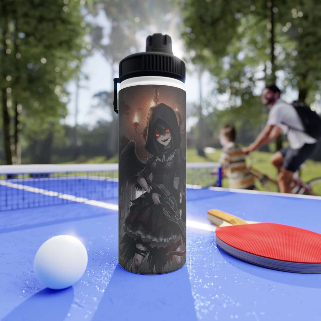 Bouteille isotherme inox blanche 530ml avec illustration Yoru waifu dark anime, kemonomimi corbeau, design gothique horror