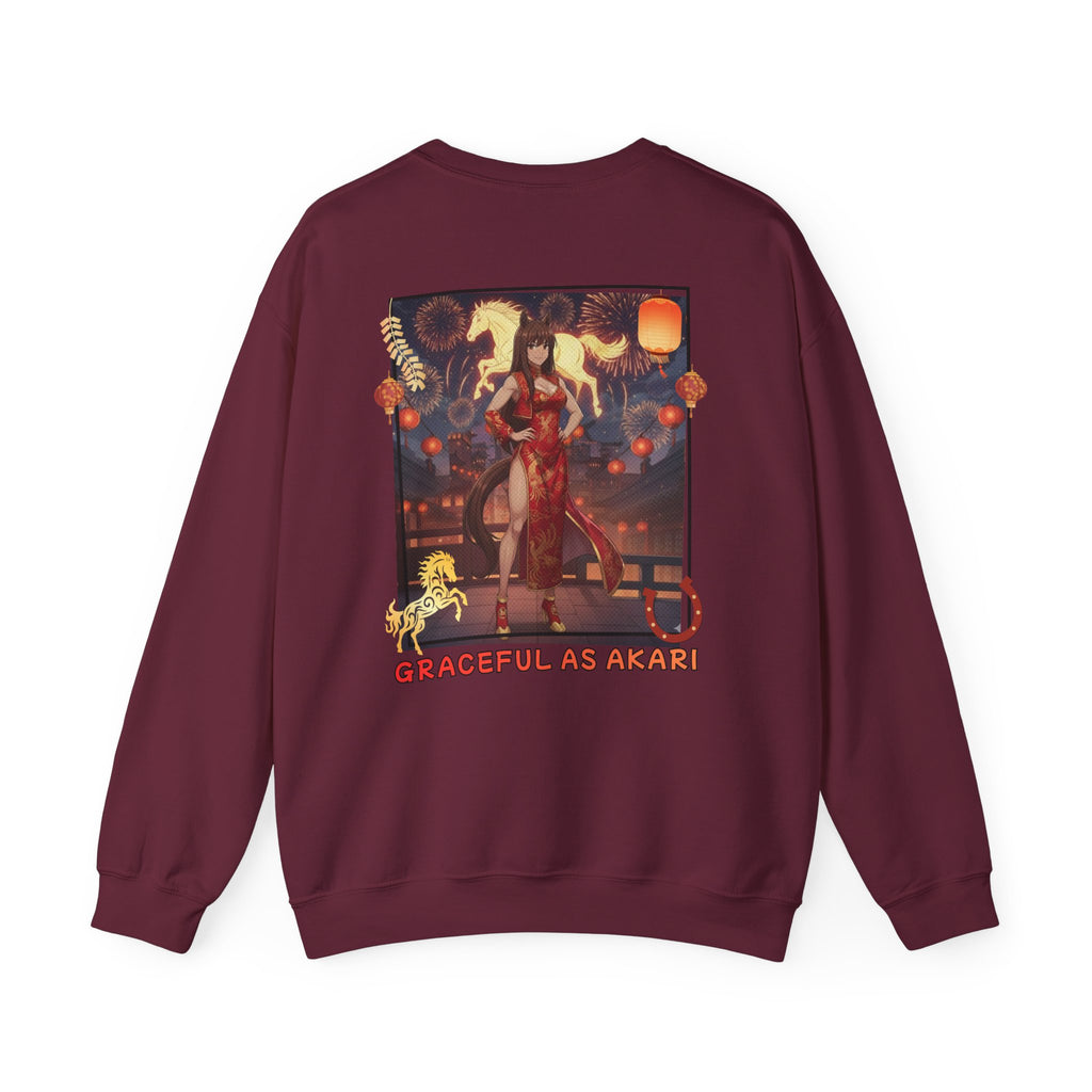Sweatshirt Anime AKARI avec design 'Graceful as Akari' et motifs de chevaux en arrière-plan.