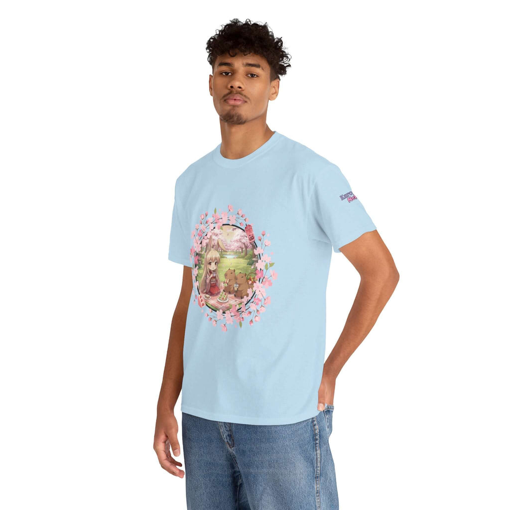 T-shirt Anime HARU Muse Chibi Pique-nique Sakura avec design de pique-nique et lapin kemonomimi, Kuro Neko Shop.