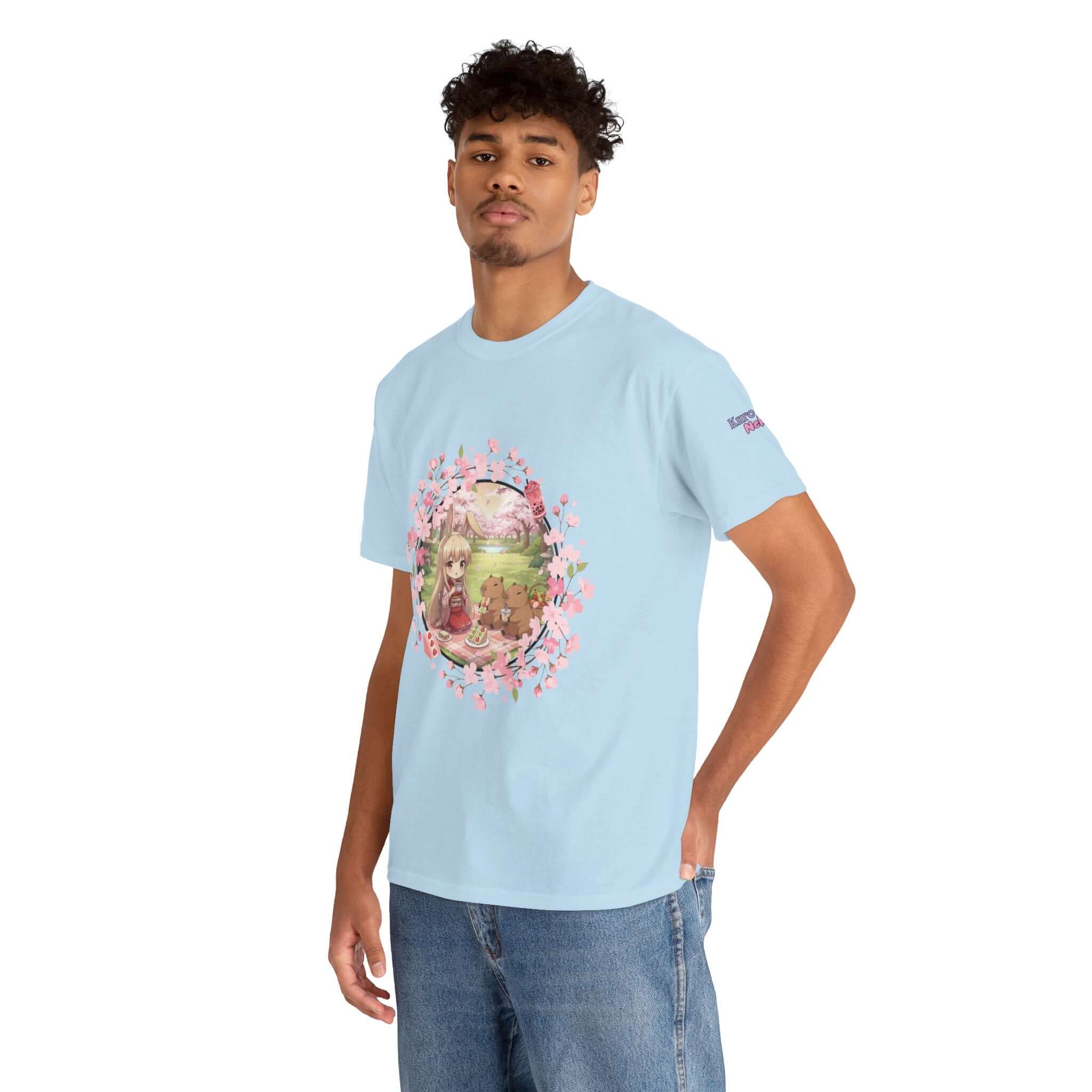 T-shirt Anime HARU Muse Chibi Pique-nique Sakura avec design de pique-nique et lapin kemonomimi, Kuro Neko Shop.