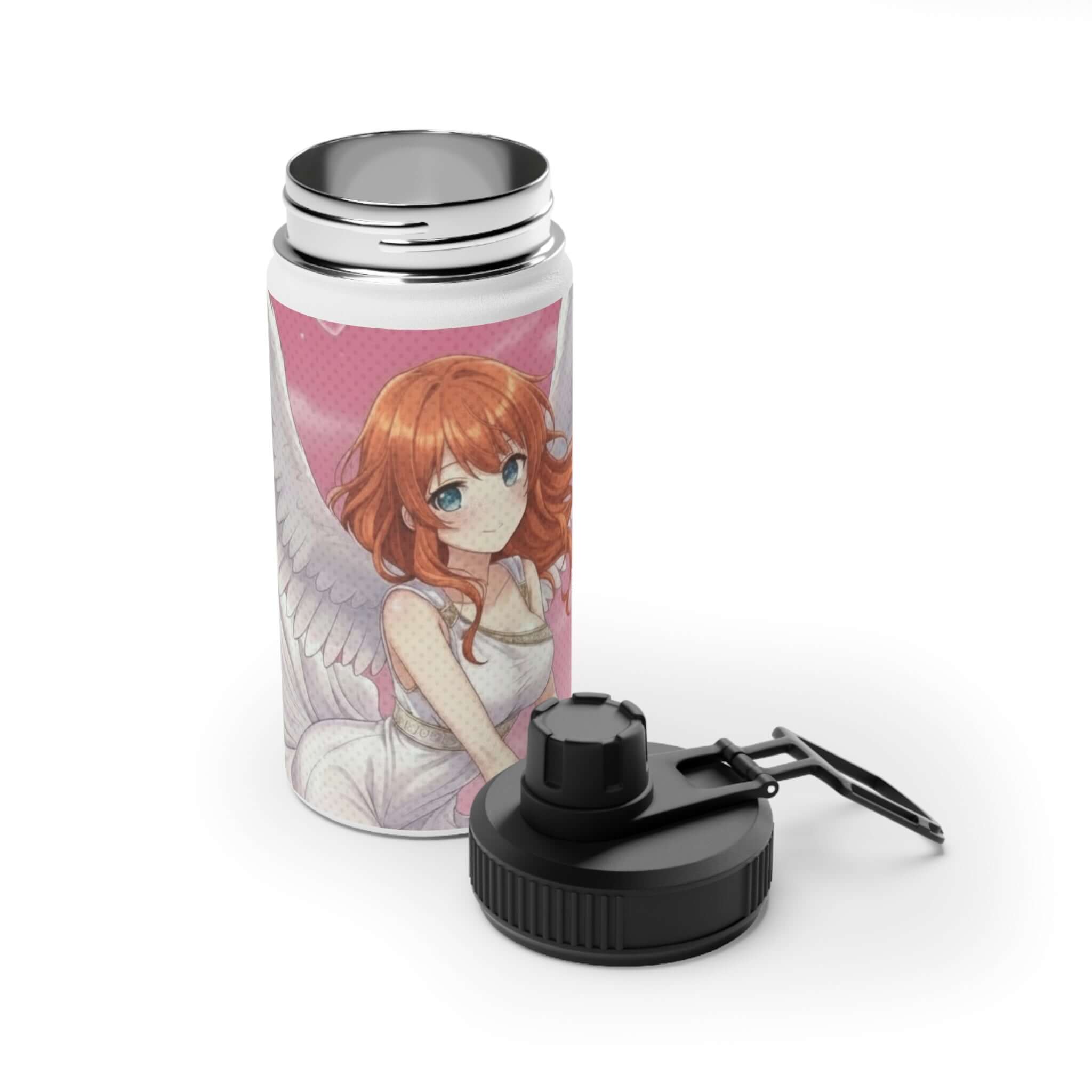 Gourde isotherme Anime AIKO en acier inoxydable blanc 350ml avec design Aiko cygne romantique, waifu kemonomimi esthétique angélique, double paroi thermique, bouchon sport à visser, sans BPA