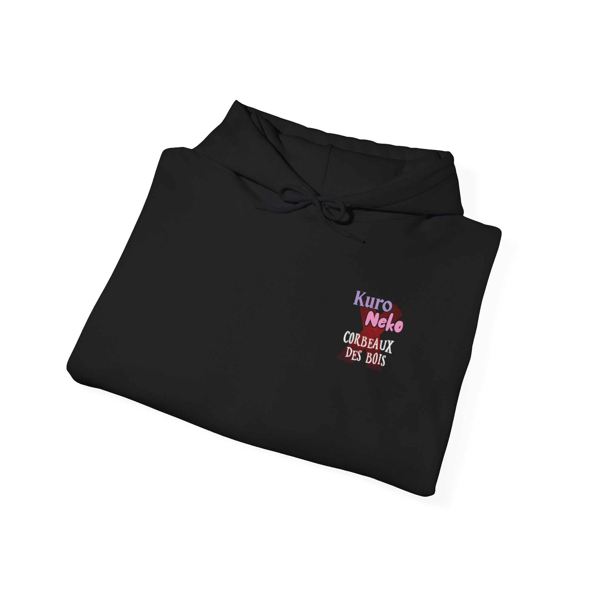 Sweat à Capuche Anime YORU noir avec un design Kuro Neko et un logo Corbeaux des Bois.