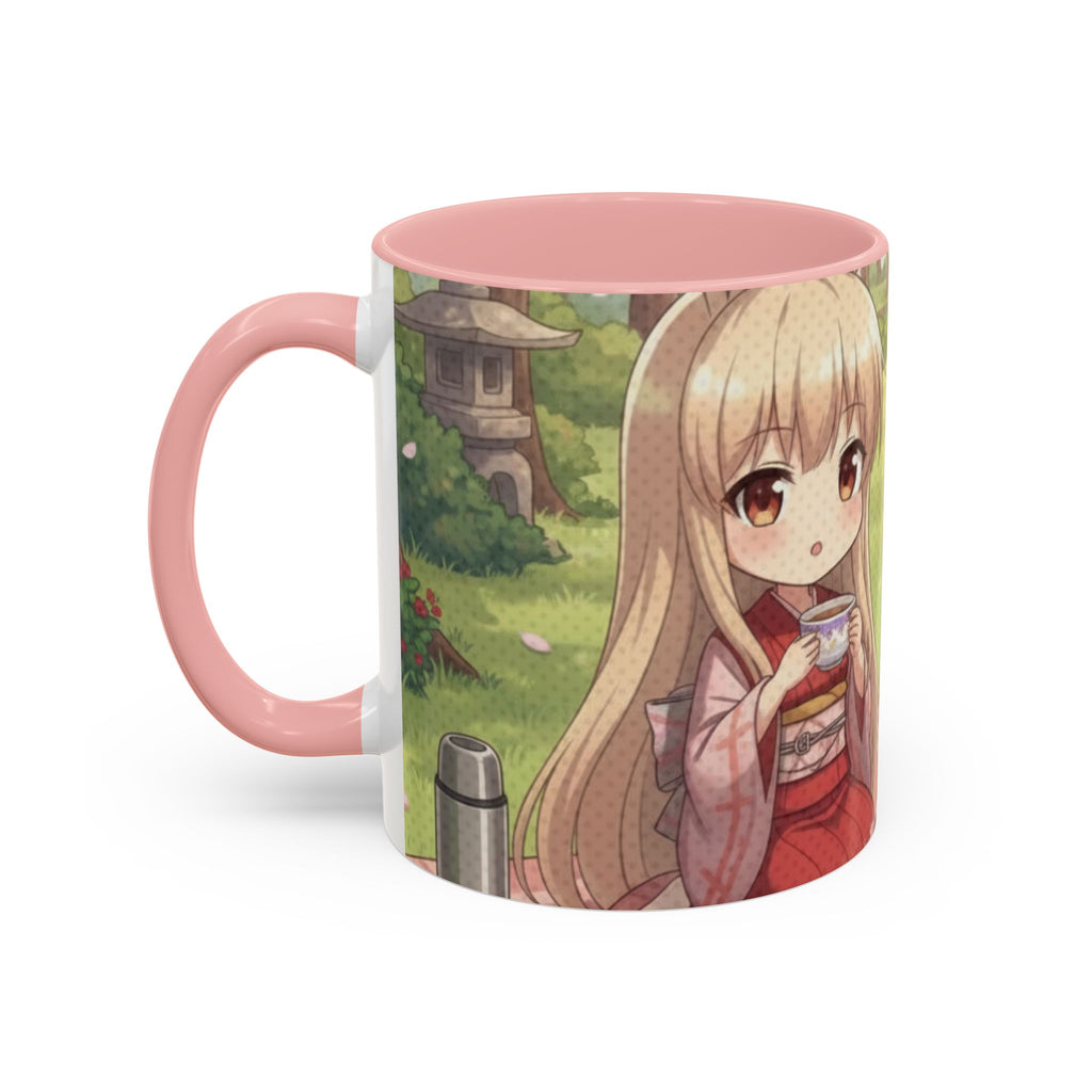 Mug Anime HARU Muse Chibi Pique-nique Sakura avec une fille en kimono, motifs de sakura, Kuro Neko Shop.